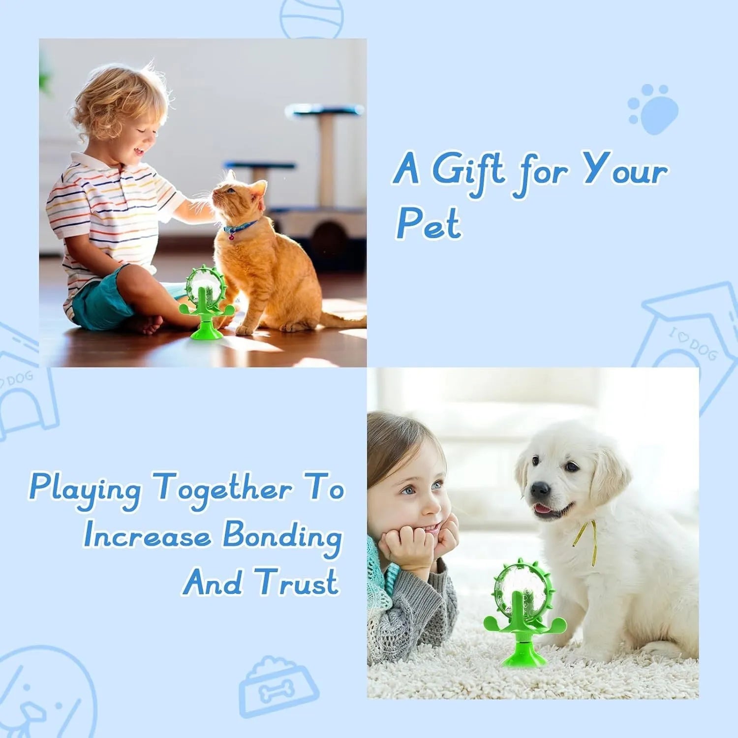 Interactive pet puzzle feeder with spinning dispenser and suction cup base in blue green red yellow colours