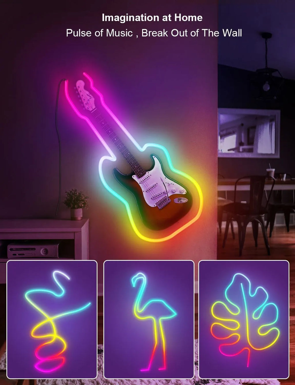 3 metre long RGB magic colour USB neon light strip with remote control on a dark background