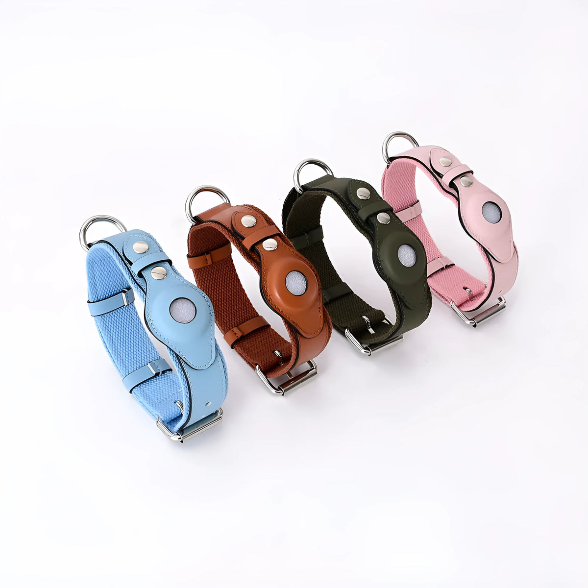 Leather pet collar with AirTag holder in bear brown colour with metal buckle and stitched pocket