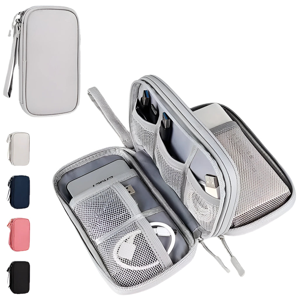 Double-layer waterproof storage bag for data cables, power bank, and USB drives in black