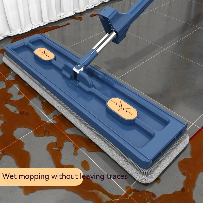 Large flat mop with blue rotating head and stainless steel long handle next to two microfibre cloths
