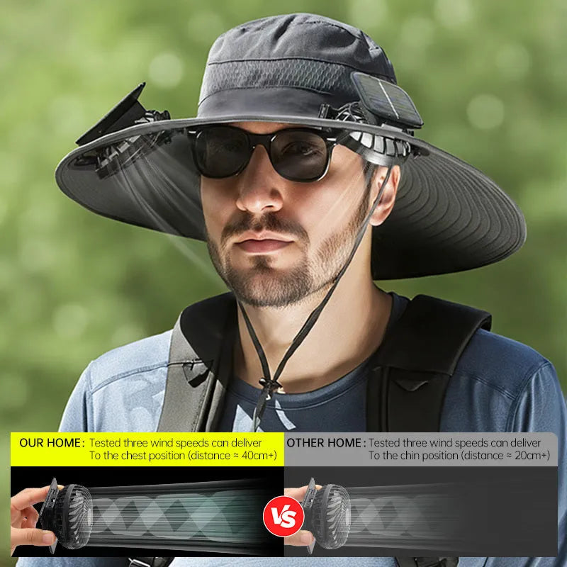 Man wearing a beige wide-brim solar fan hat outdoors, showing the built-in fan and solar panels.