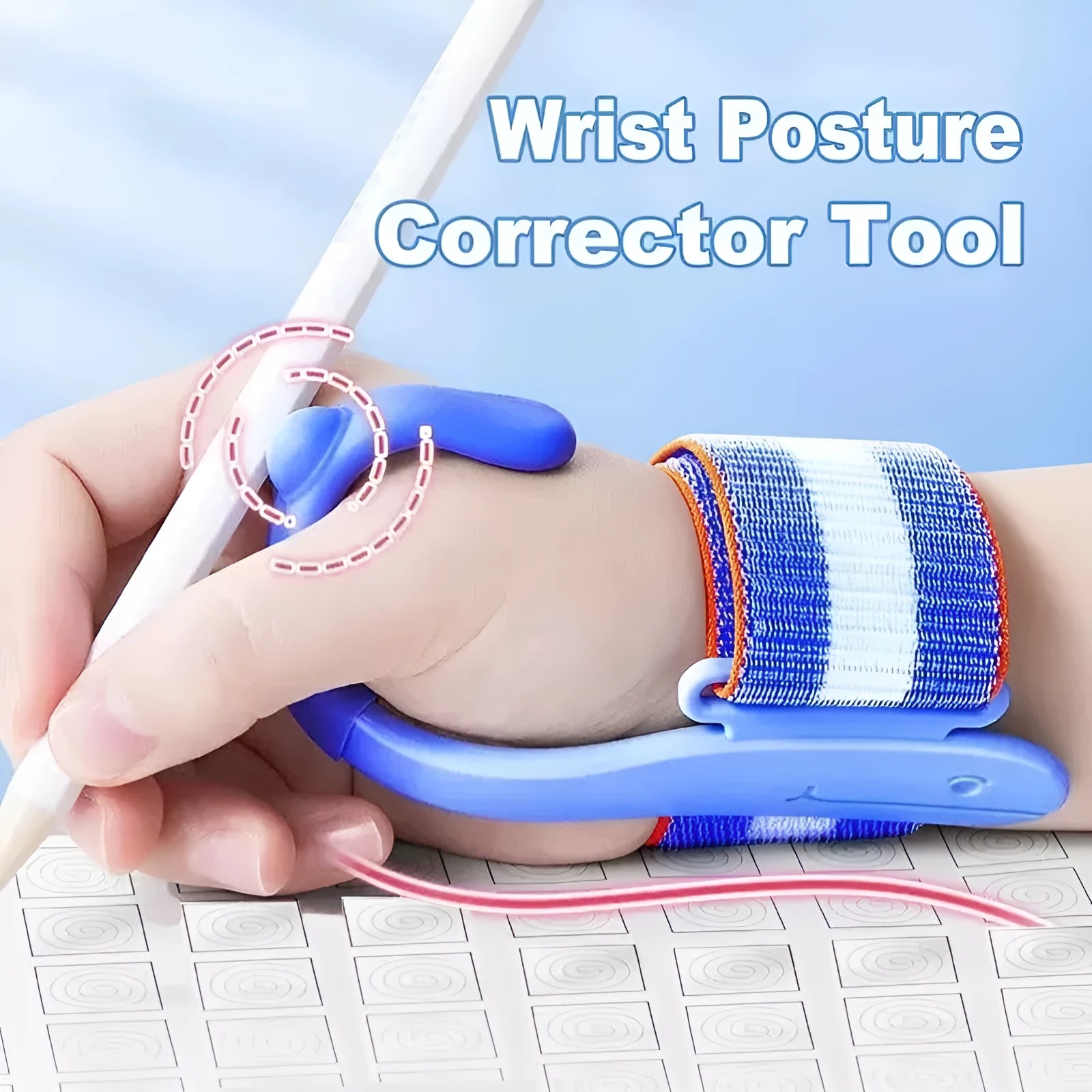 Blue and pink anti-hook pen control corrector wrist brace on a writing surface.