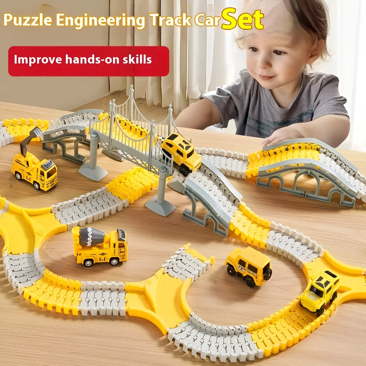 Rail car toy set with plastic track pieces and two electric cars in multiple piece counts