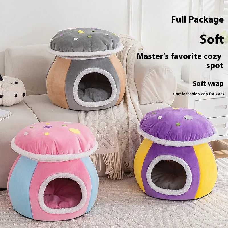 Mushroom-shaped cat nest in rabbit plush material with winter thermal design