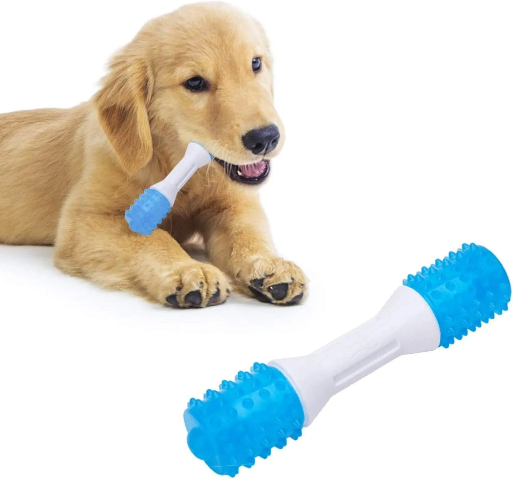 Dual-colour puppy teething chew toy made from TPR and PU rubber for dogs aged 2 to 8 months.