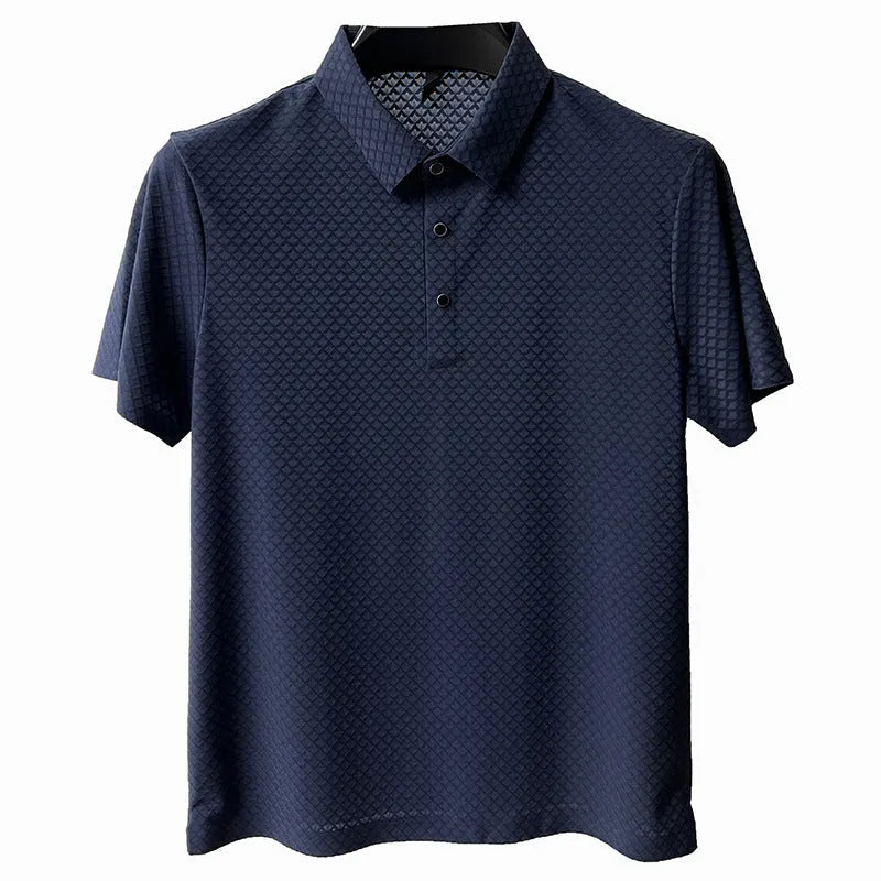 Men's waffle ice silk short sleeve polo T-shirt in Navy, wrinkle-free fabric, collar design, available in sizes M to 4XL.