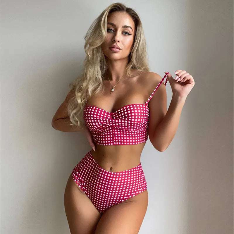 Women's plaid pattern bikini swimsuit set with high waist briefs on a neutral background.