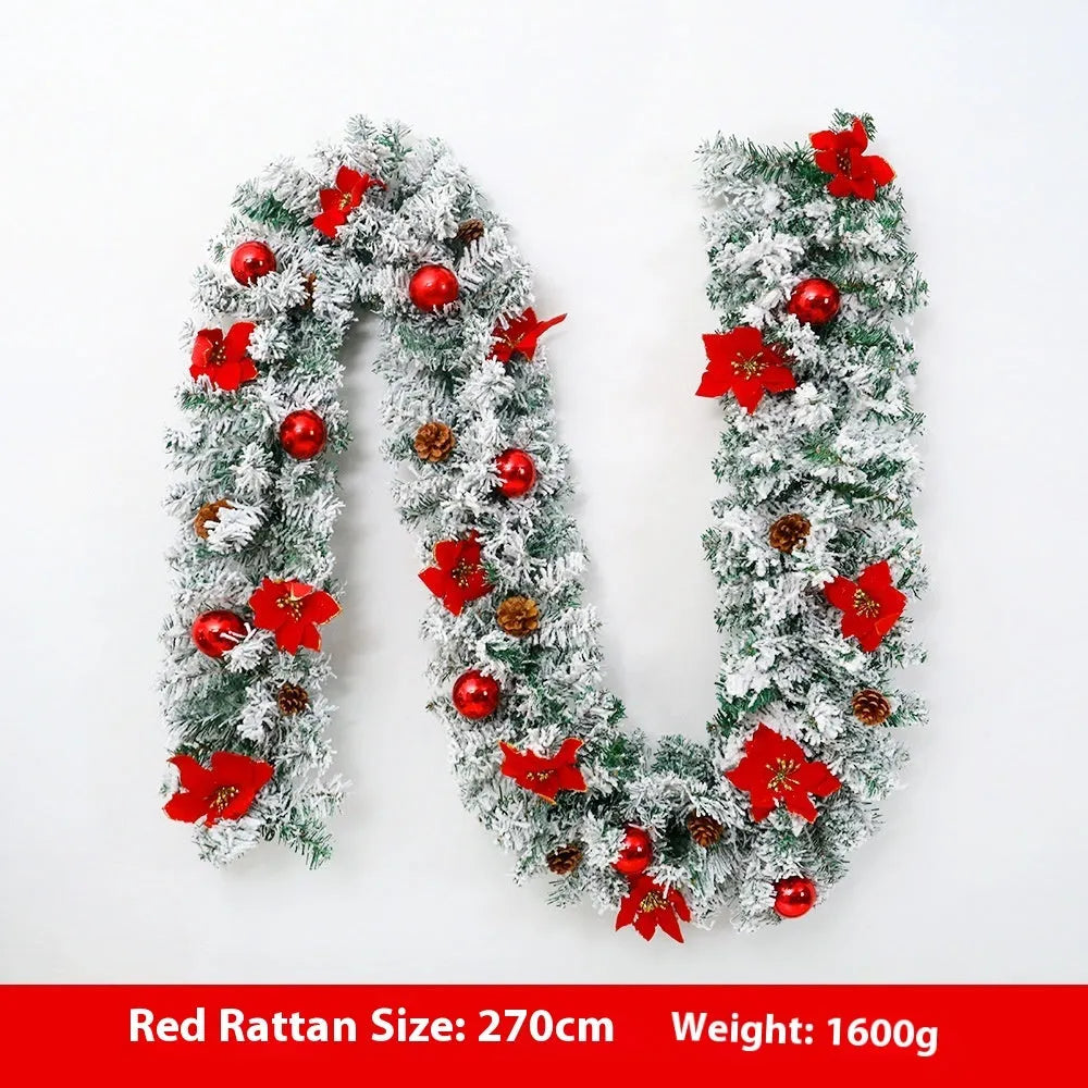 American-style flocked rattan Christmas garland in red, draped over a mantelpiece.