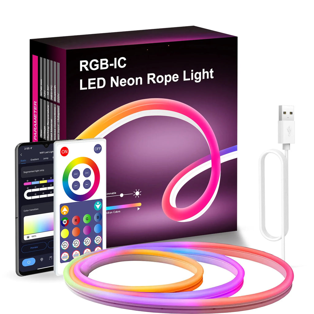 3 metre long RGB magic colour USB neon light strip with remote control on a dark background