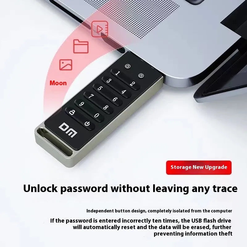 64GB metal USB flash drive with fingerprint sensor for biometric security and password protection.