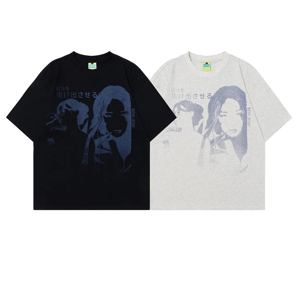Men's grey cotton t-shirt with a retro character print, showing short sleeves and loose fit.