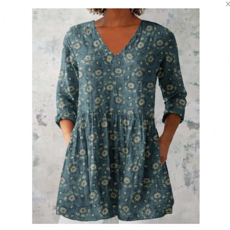 Women's printed loose dress with wave pattern, wide waist, and 3/4 sleeves in polyester fabric