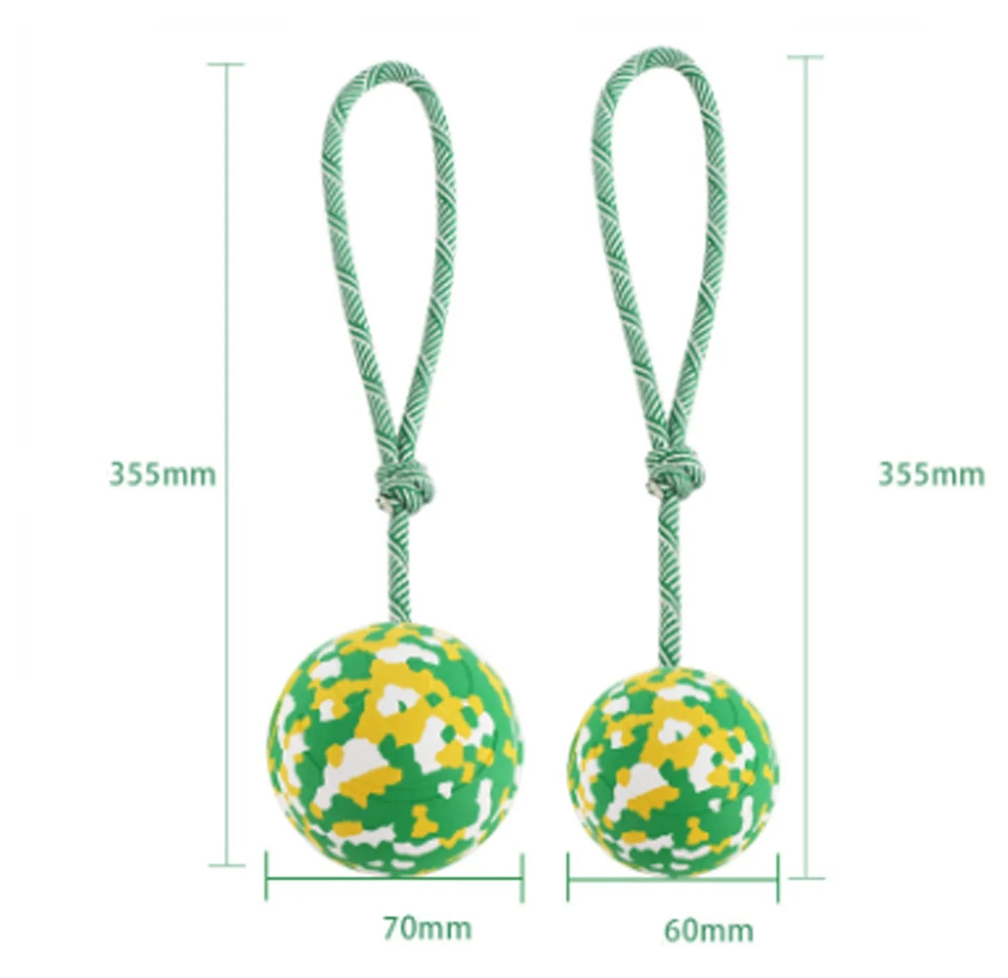 Natural rubber dog ball attached to nylon rope toy for medium and small dogs in two size options