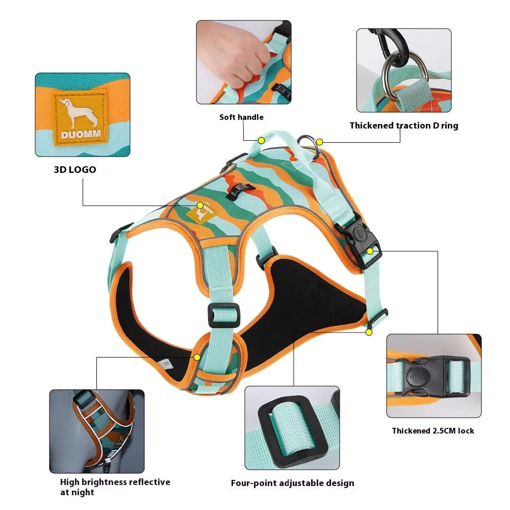 Orange Oxford cloth dog walking rope with a hand loop and chest harness attachment on a grey background.