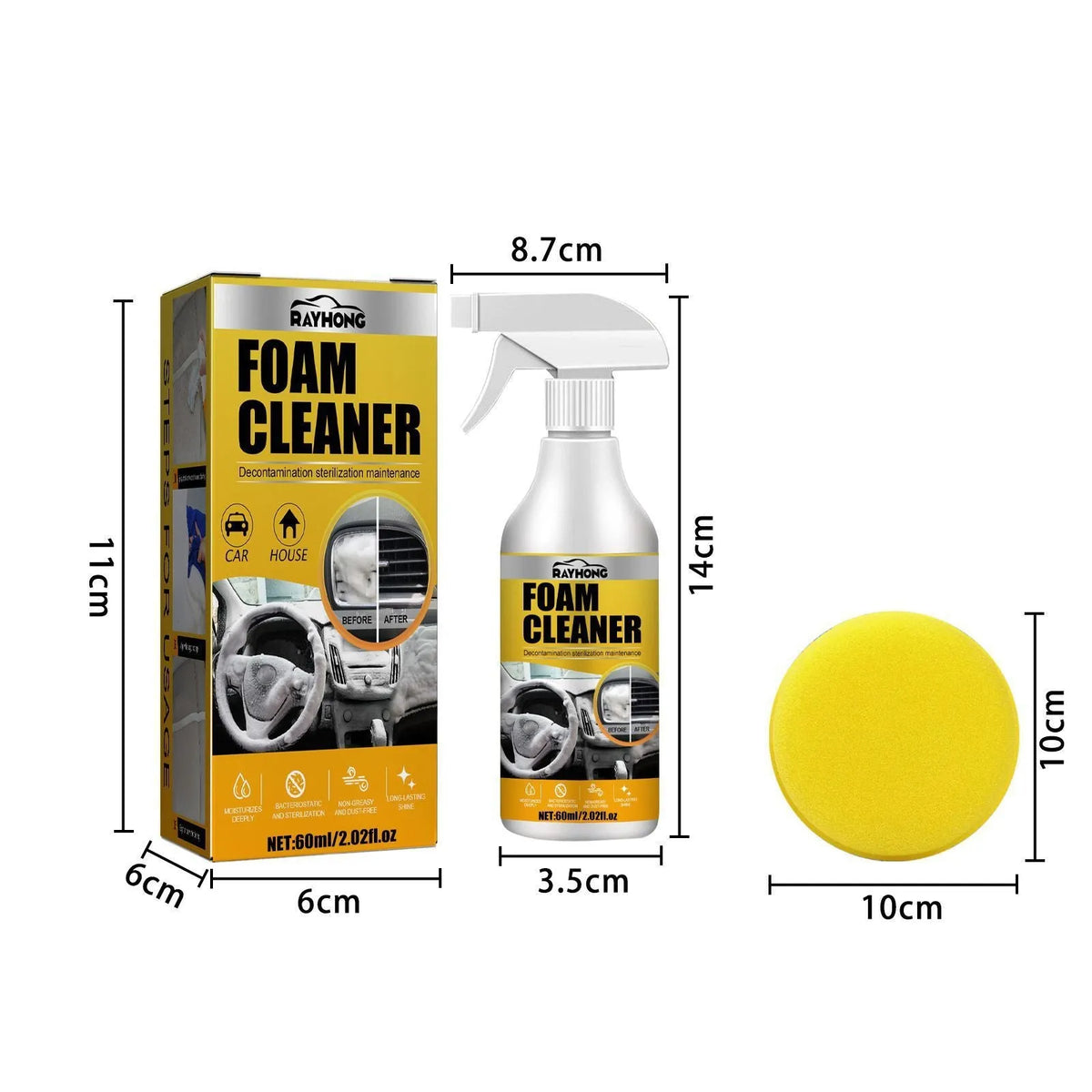 Car interior wash-free decontamination foamed cleaner 60ml in box with sponge