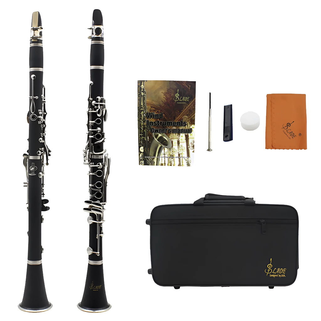 Black Bakelite beginner clarinet with 17 nickel-plated keys and carrying bag