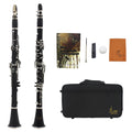 Black Bakelite beginner clarinet with 17 nickel-plated keys and carrying bag
