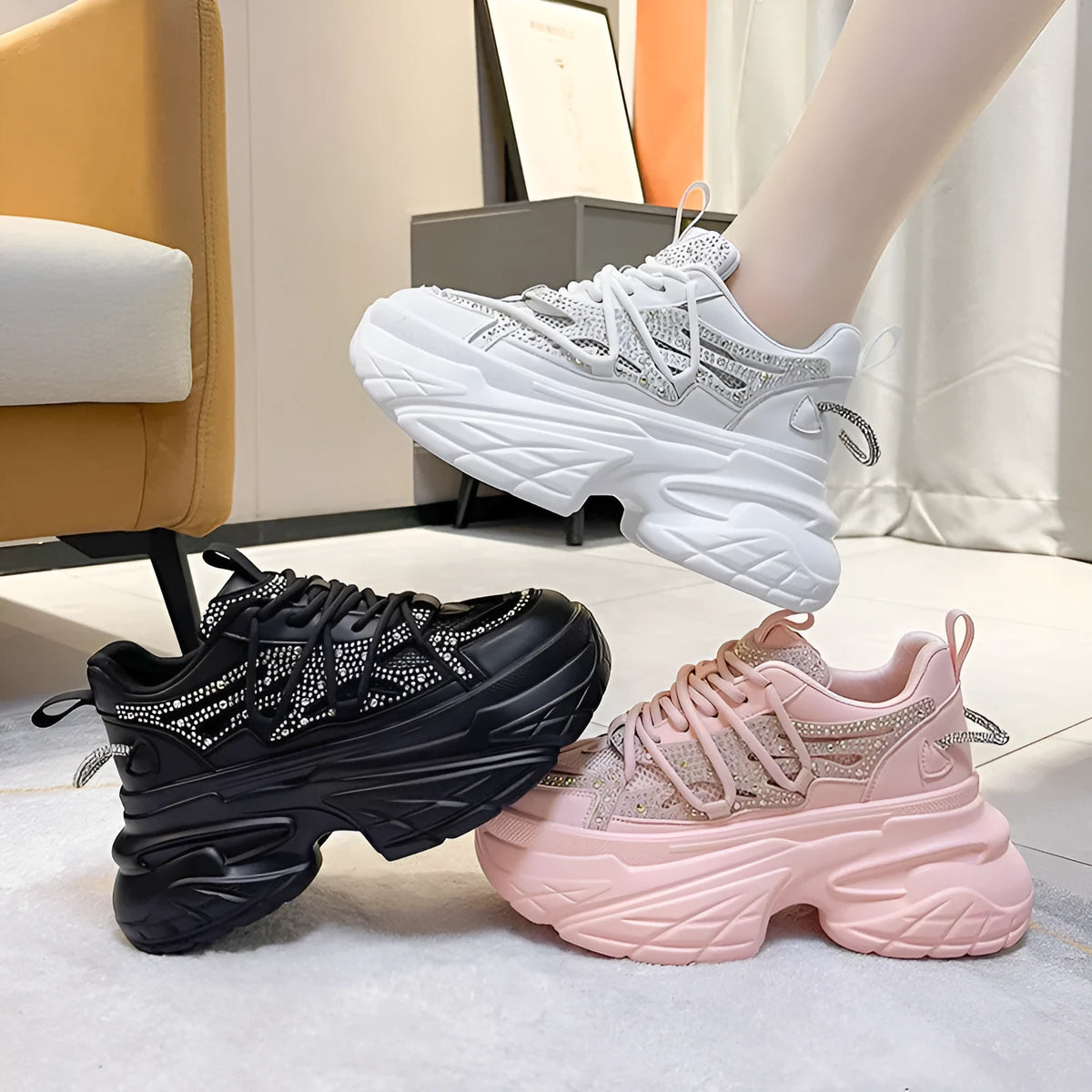 Women's mesh breathable sneakers platform mid heel lace-up black pink white sizes 35-40