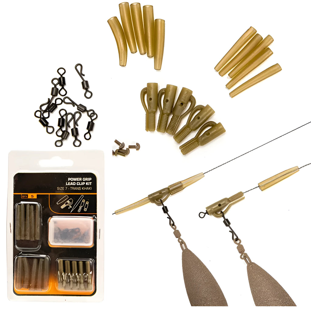 European carp fishing accessory set showing anti-winding pipes, threaded hoses, rotation pieces and screws