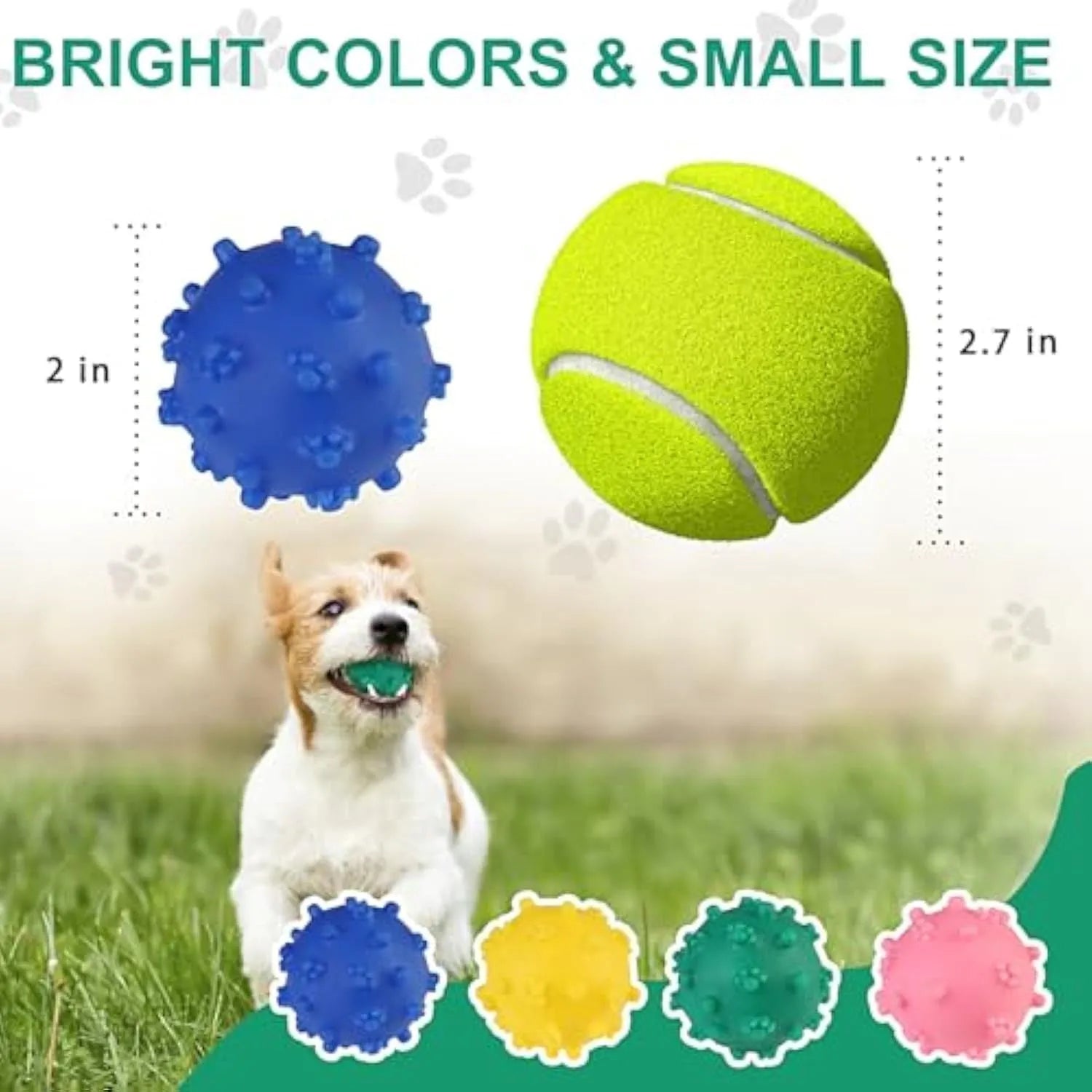 A bright blue spiky dog toy ball with a dimpled texture, shown next to a measuring tape indicating its 2-inch diameter.