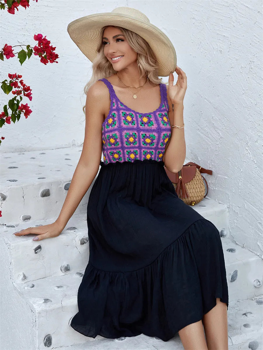 Purple sleeveless dress with hand hook flower stitching detail on front