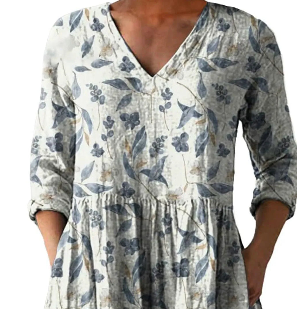 Women's printed loose dress with wave pattern, wide waist, and 3/4 sleeves in polyester fabric