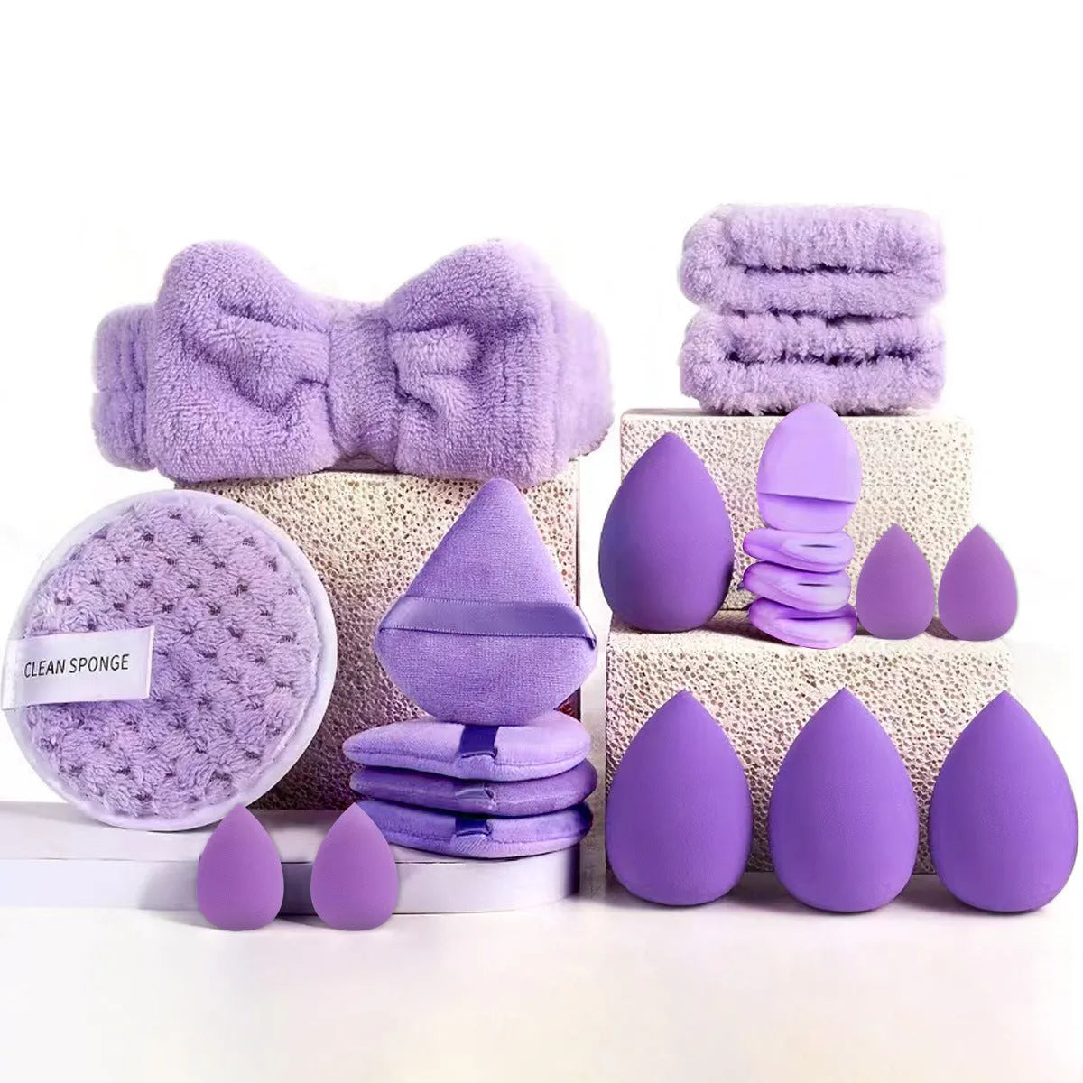 40-piece beauty tools set with hydrophilic non-latex face wash and makeup tools in brown, pink and purple colour options