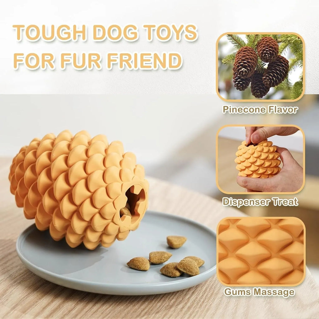 Yellow pine cone shaped dog chew toy with natural rubber construction and treat dispensing feature