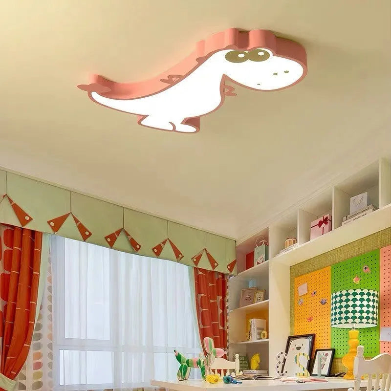 48cm wide ceiling light with a cartoon dinosaur print on a white PVC shade and a silver aluminium body.