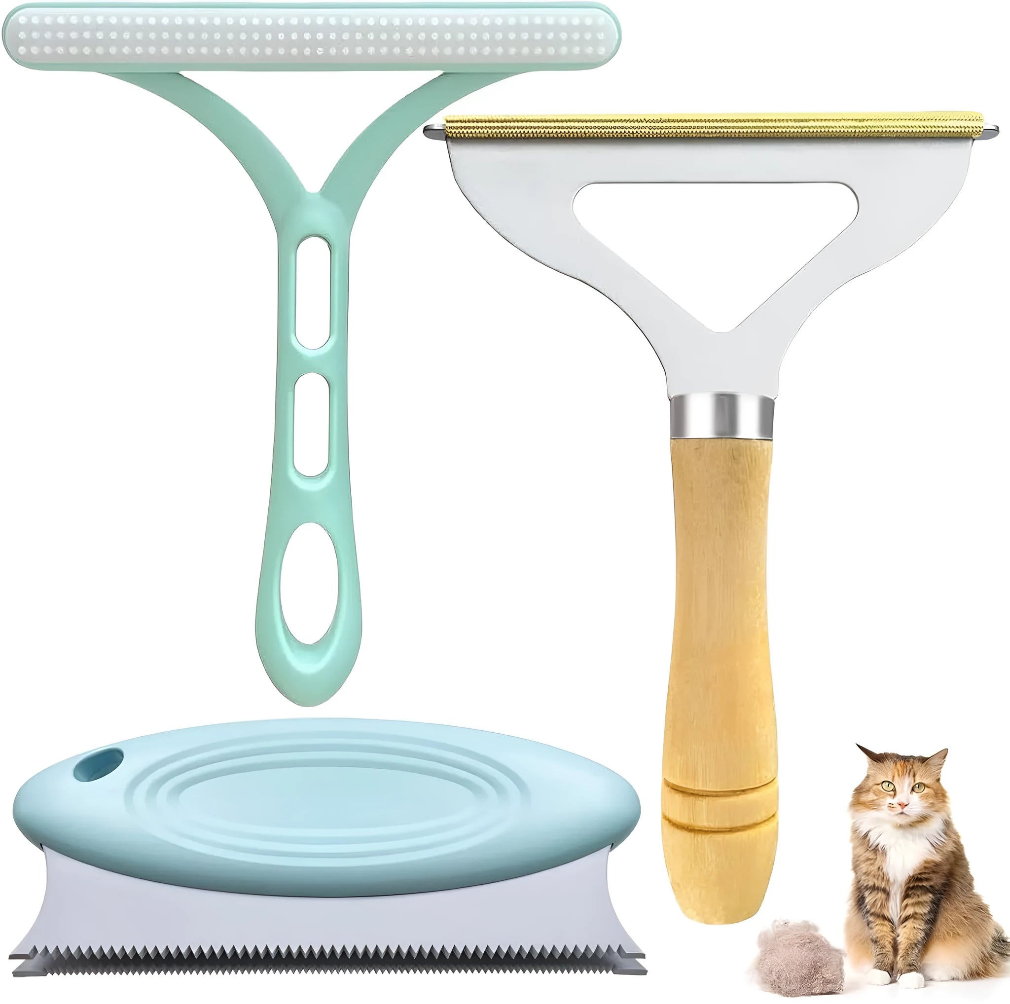 Three piece pet hair remover set with metal brush, silicone brush and round cleaner for home and car use