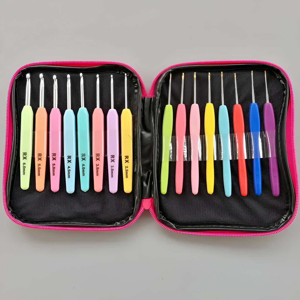Complete set of 16 crochet hooks with soft and hard handles in a grey PU zippered bag.