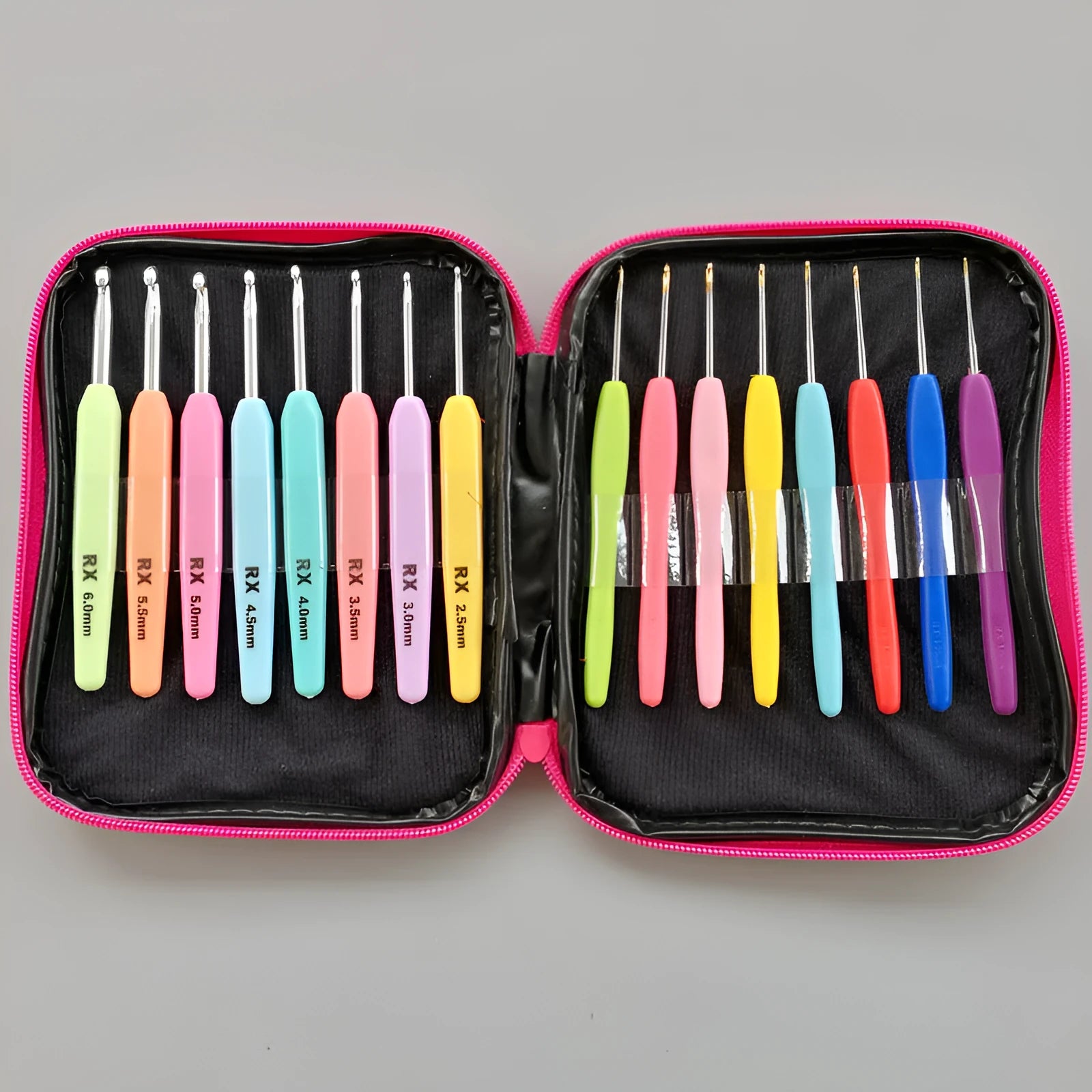 Complete set of 16 crochet hooks with soft and hard handles in a grey PU zippered bag.