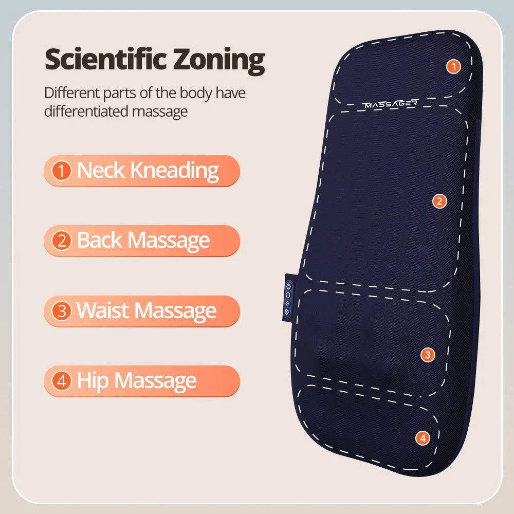 Walking massage lumbar support pillow with heat therapy and control buttons on office chair