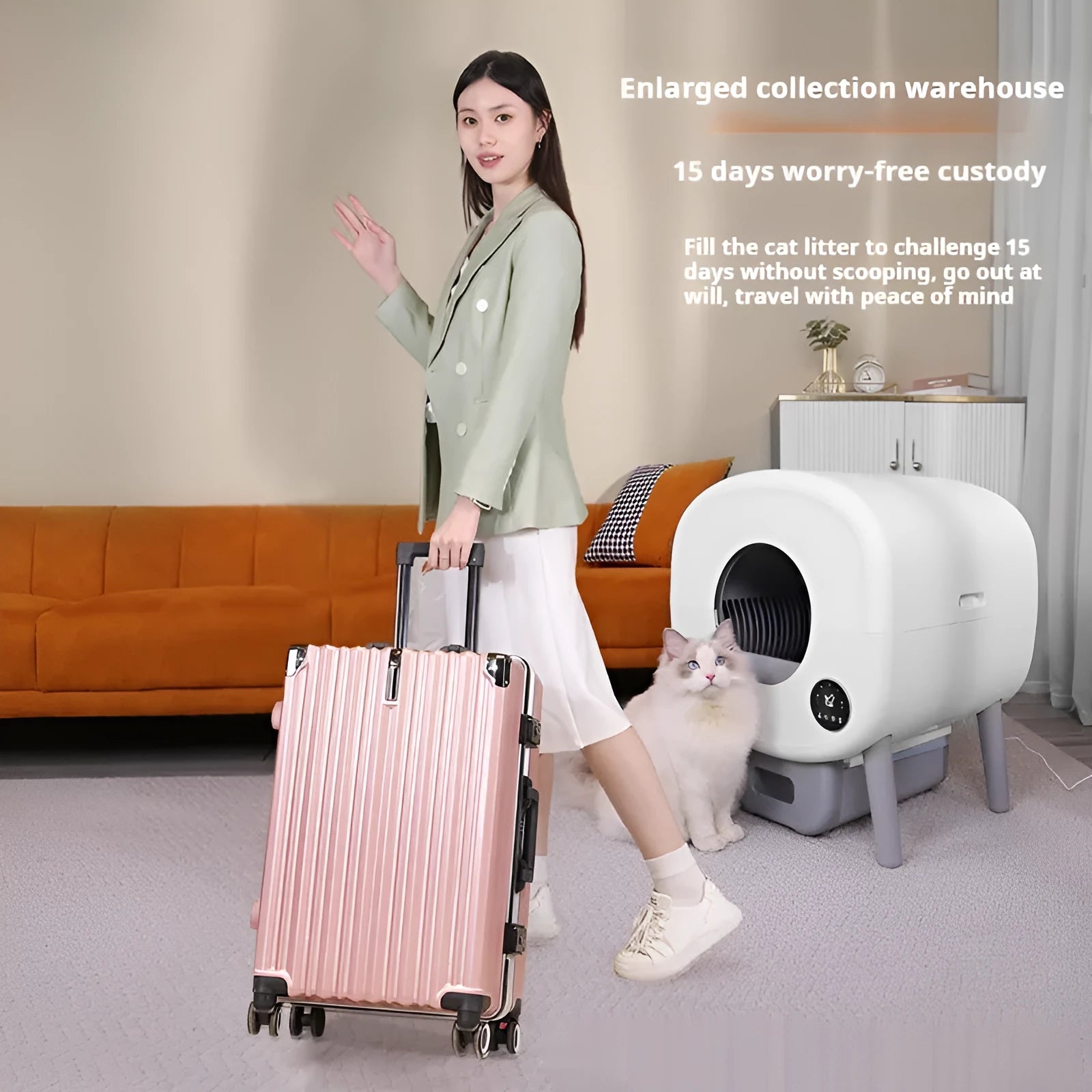 Automatic self-cleaning cat litter box with 13L waste storage capacity measuring 55cm wide