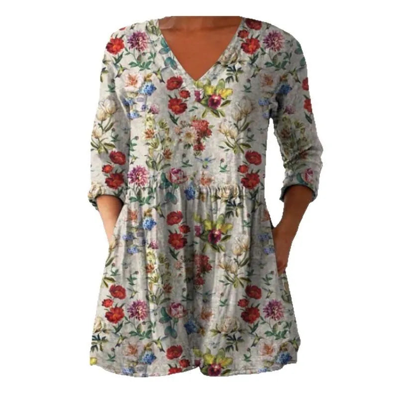 Women's printed loose dress with wave pattern, wide waist, and 3/4 sleeves in polyester fabric