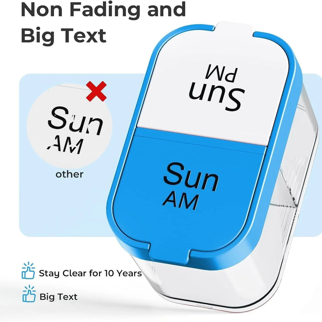 14-compartment pill organiser with removable sections in white and rainbow colour options