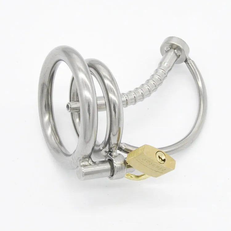 Stainless steel male chastity device CB6000 with urinary catheter, three ring sizes 40mm 45mm 50mm