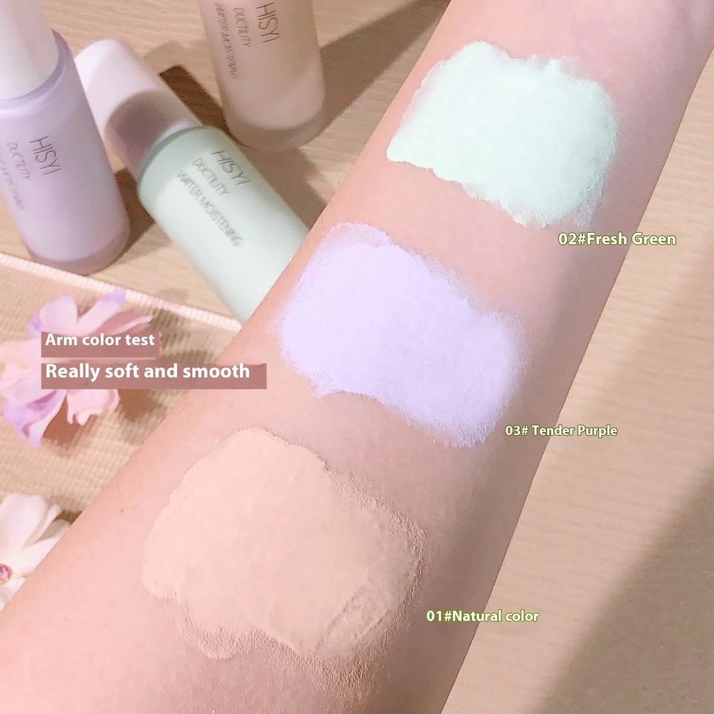 Clear silky makeup primer bottle for brightening, showing shade options 01, 02, and 03.