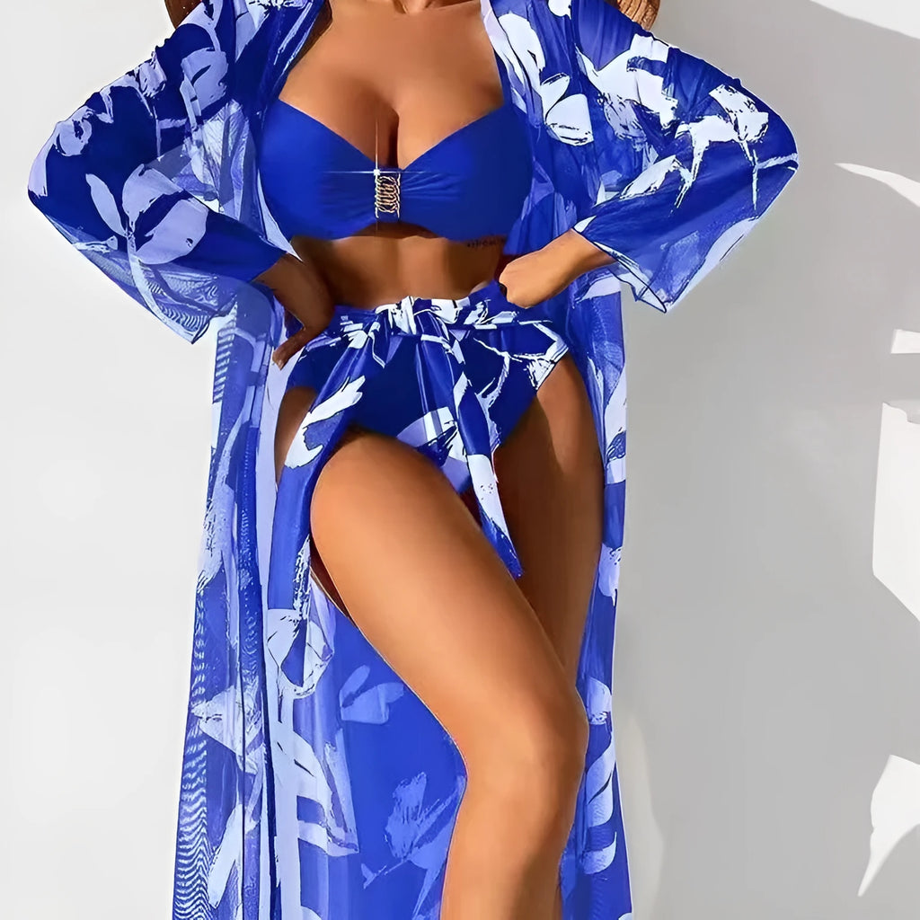 Three-piece women's printed polyester high-waist split bikini set in multiple colours for swimming