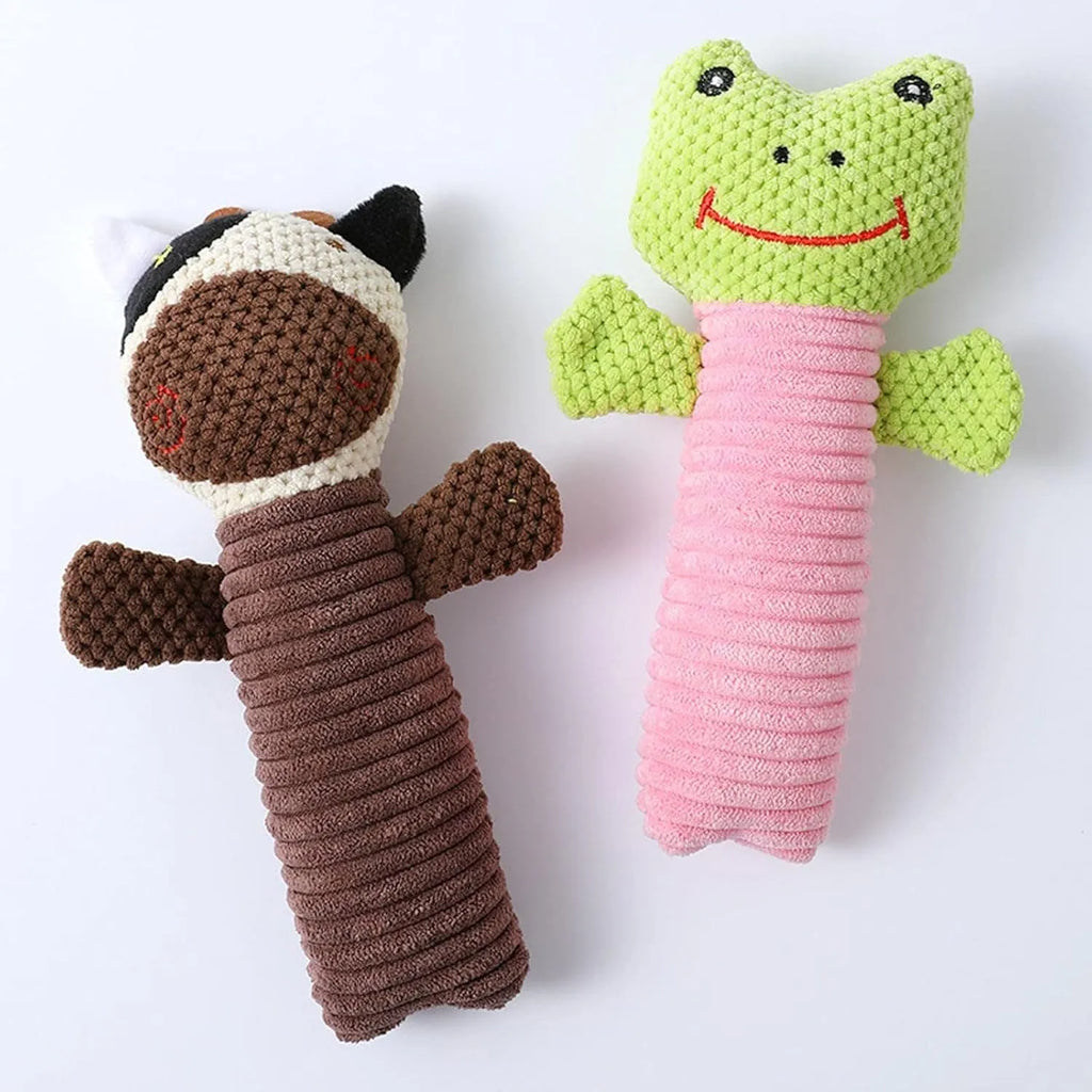 Soft plush dog squeaky toy in stuffed animal shape for dental cleaning chew.