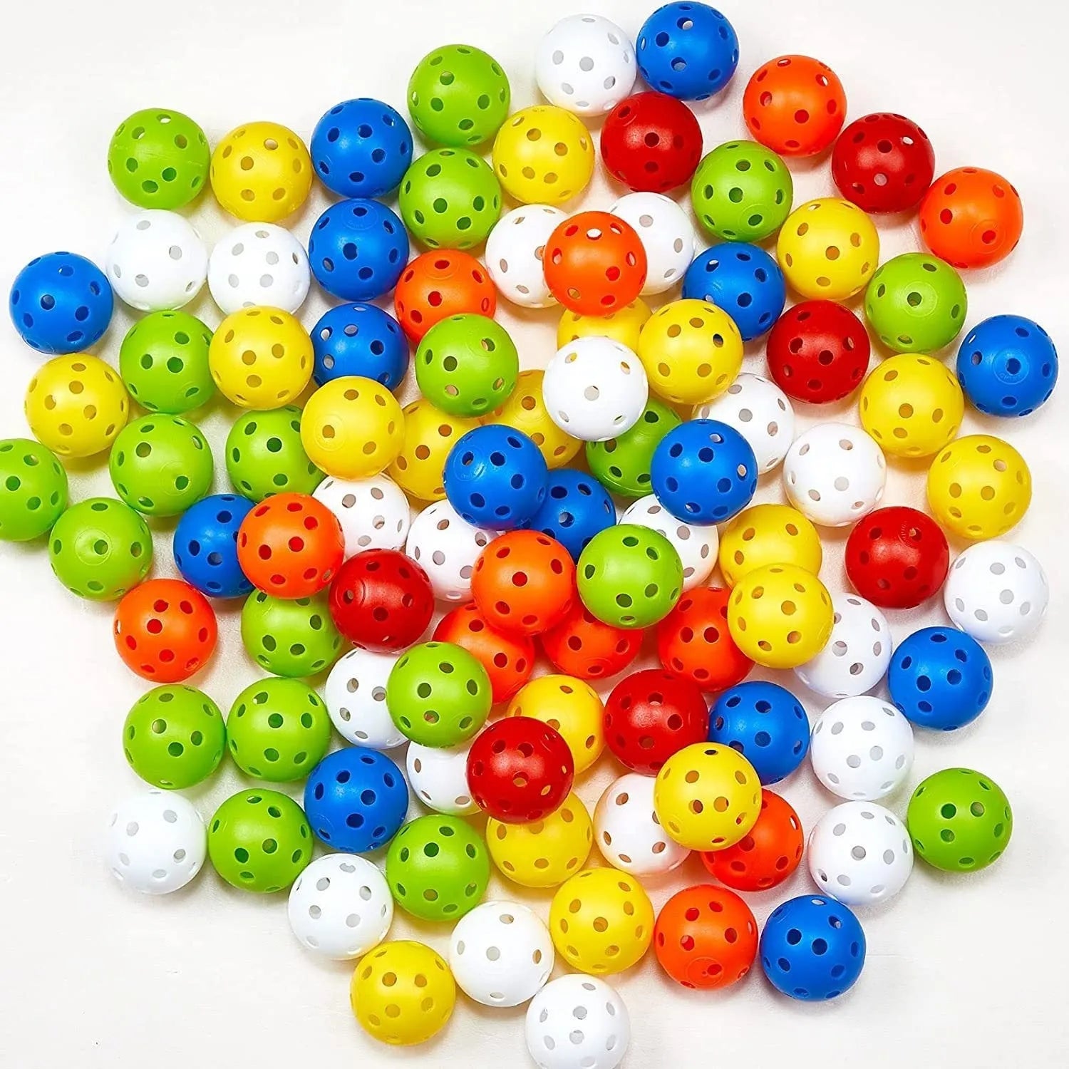 Multi-colour golf practice balls in red, orange, blue, green, white and yellow with net pocket