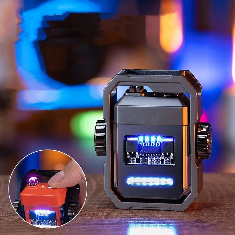 Blue windproof double arc electric lighter with a mechanical gyroscope and USB Type-C charging port.