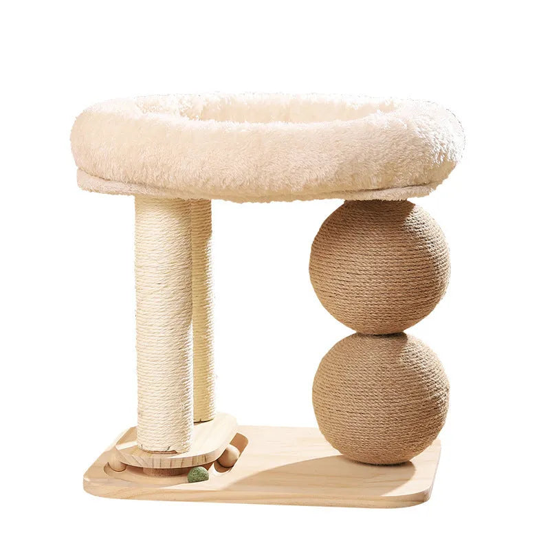 Pine wood cat scratching ball nest with integrated resting area in three style variations