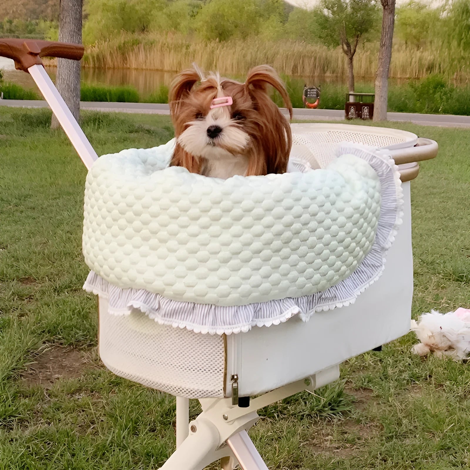 Pure cotton pet stroller three-piece set showing anti-dirty towel, cushion, and pillow in blue green apple pattern