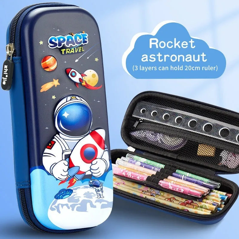 3D leather pencil case with embossed astronaut rocket pattern on surface