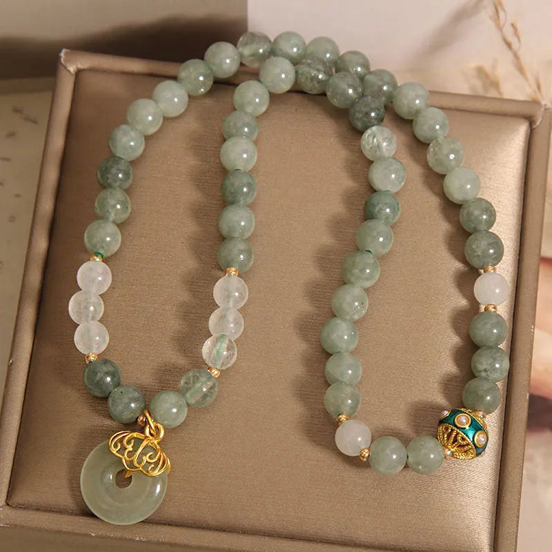 Double-layer aventurine jade bracelet with peace buckle clasp and crystal rhinestones