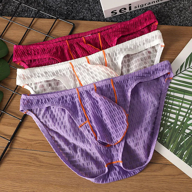 Men's low waist lace briefs in white, black, green, rose red, and light purple colours
