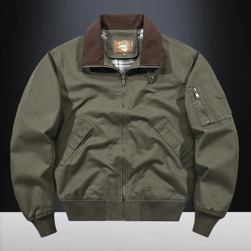 Men's washed cotton baseball style flight jacket in army green