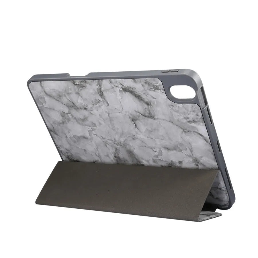 Imitation leather tri-fold iPad case in dark grey with marbling pattern, showing card slots and folded stand position.